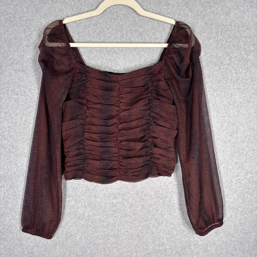 MNG Mango Ruched Sheer Crop Top Small Brown Snake‎ Puff Dark Romantic Whimsigoth